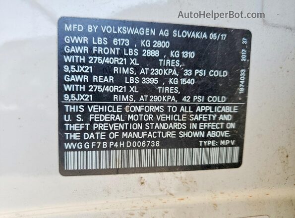 WVGGF7BP4HD006738 2017 VOLKSWAGEN TOUAREG Белый Вид наклейки с VIN-кодом