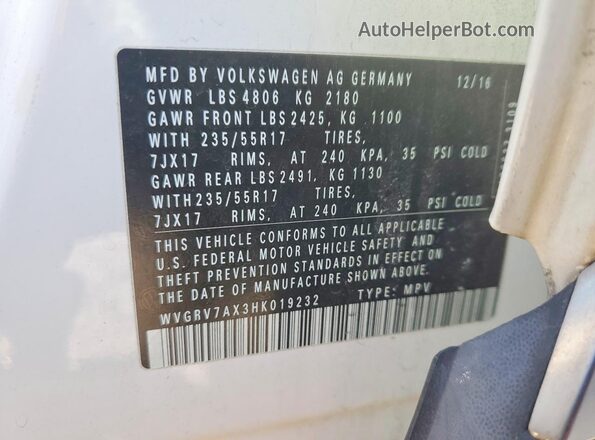WVGRV7AX3HK019232 2017 VOLKSWAGEN TIGUAN Белый Вид наклейки с VIN-кодом