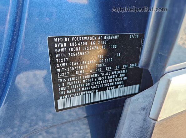 WVGRV7AX9HW508310 2017 VOLKSWAGEN TIGUAN Синий Вид наклейки с VIN-кодом