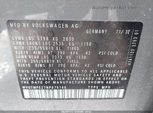 WVGTMPE27NP075146 2022 VOLKSWAGEN ID.4 Gray Вид підкапотного простору