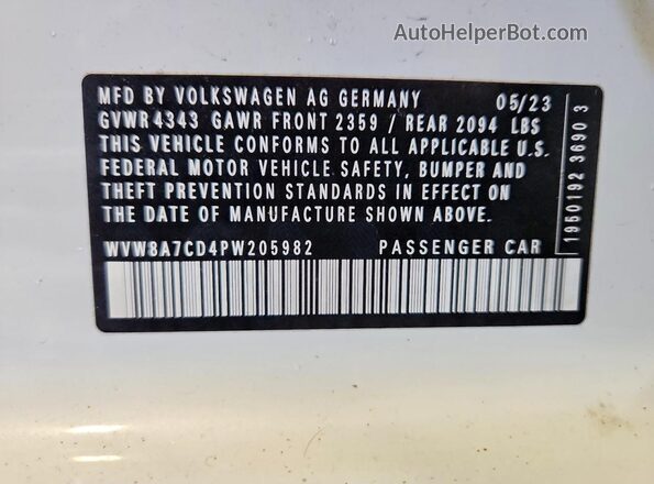 WVW8A7CD4PW205982 2023 VOLKSWAGEN GTI Белый Вид наклейки с VIN-кодом