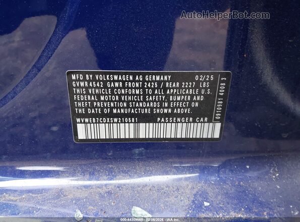 WVWEB7CDXSW210581 2025 VOLKSWAGEN GOLF Dark Blue Շարժիչի բաժամունքի տեսք