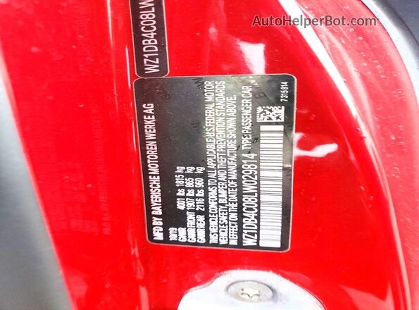 WZ1DB4C08LW029814 2020 TOYOTA SUPRA Красный Вид наклейки с VIN-кодом
