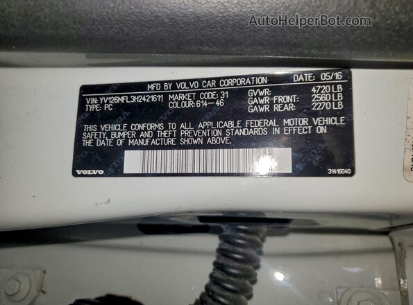YV126MFL3H2421611 2017 VOLVO S60 Белый Вид подкапотного пространства