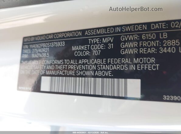 YV4062PB0S1375933 2025 VOLVO XC90 White Engine compartment view