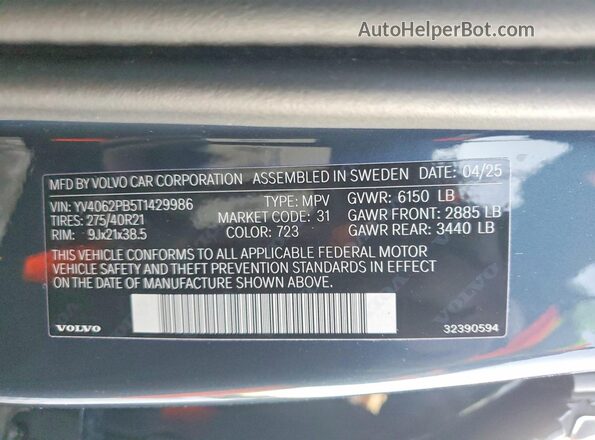 YV4062PB5T1429986 2026 VOLVO XC90 Синий Вид наклейки с VIN-кодом