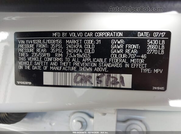 YV4102RL6J1008156 2018 VOLVO XC60 White Widok komory silnika