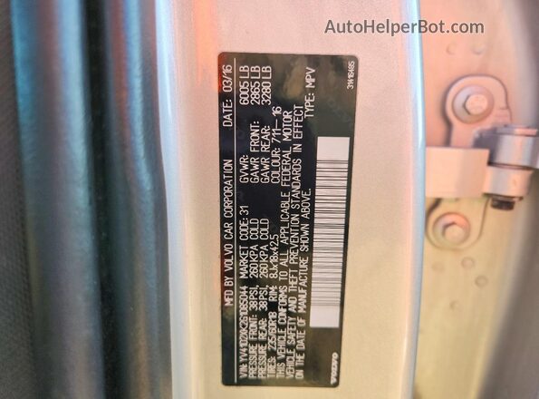 YV4102XK2G1085044 2016 VOLVO XC90 Серебряный Вид наклейки с VIN-кодом