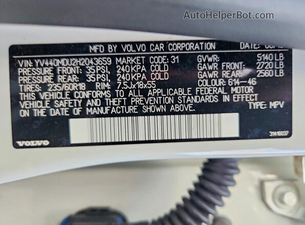 YV440MDU2H2043659 2017 VOLVO XC60 White Widok naklejki z numerem VIN