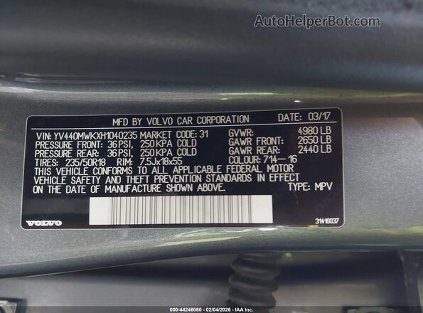 YV440MWKXH1040235 2017 VOLVO V60 CROSS COUNTRY Silver Vista del compartimento del motor