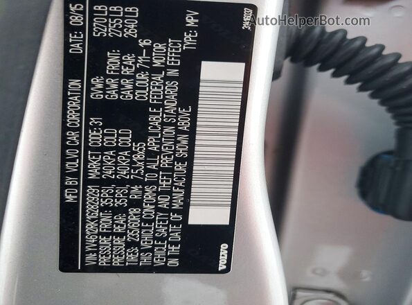 YV4612RK1G2829291 2016 VOLVO XC60 Серебряный Вид наклейки с VIN-кодом