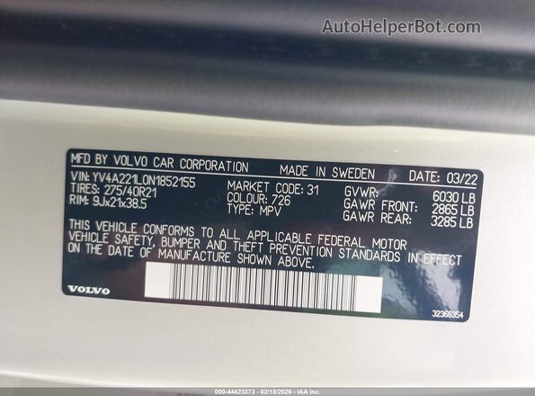 YV4A221L0N1852155 2022 VOLVO XC90 Champagne Вид подкапотного пространства