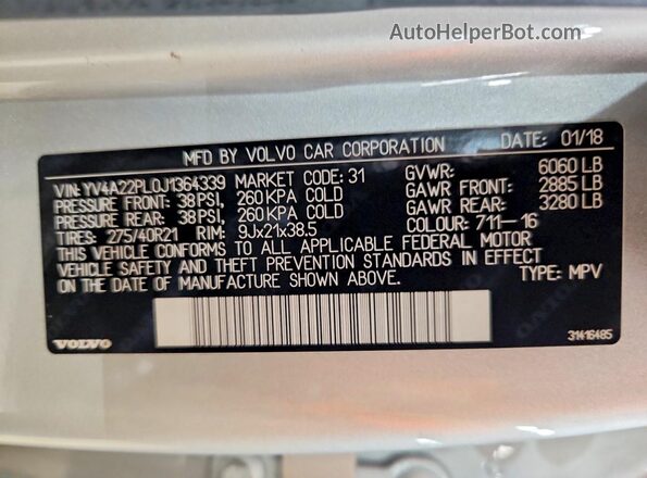 YV4A22PL0J1364339 2018 VOLVO XC90 Silver Вид наклейки з VIN-кодом