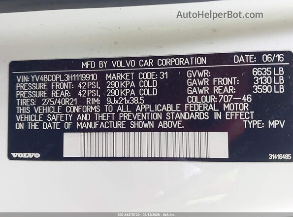 YV4BC0PL3H1119910 2017 VOLVO XC90 HYBRID White Вид підкапотного простору