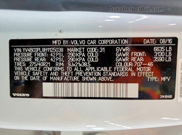 YV4BC0PL8H1125038 2017 VOLVO XC90 White Widok wnętrza 360 stopni