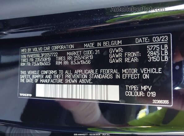YV4ED3GL3P2057722 2023 VOLVO C40 RECHARGE PURE ELECTRIC Black VIN sticker view