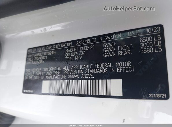 YV4H60CF1R1192194 2024 VOLVO XC90 RECHARGE PLUG-IN HYBRID White Widok komory silnika