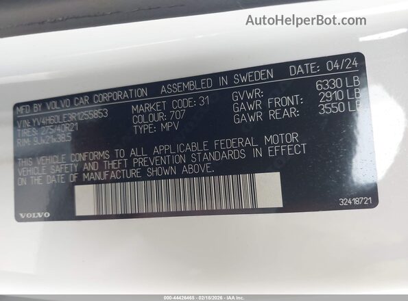 YV4H60LE3R1255853 2024 VOLVO XC90 RECHARGE PLUG-IN HYBRID White Engine compartment view