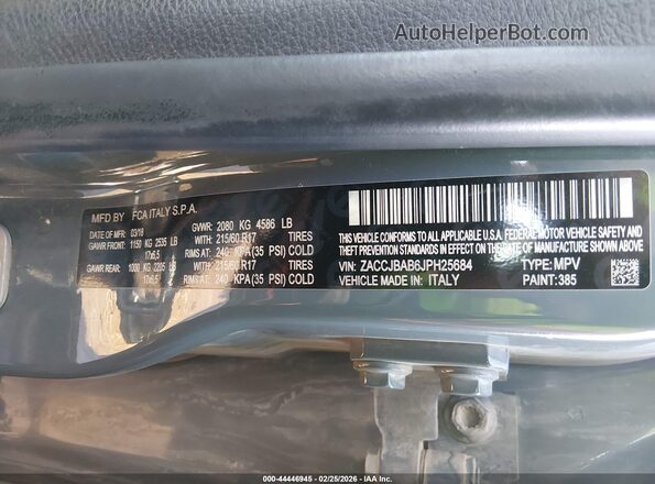 ZACCJBAB6JPH25684 2018 JEEP RENEGADE Синий Вид подкапотного пространства