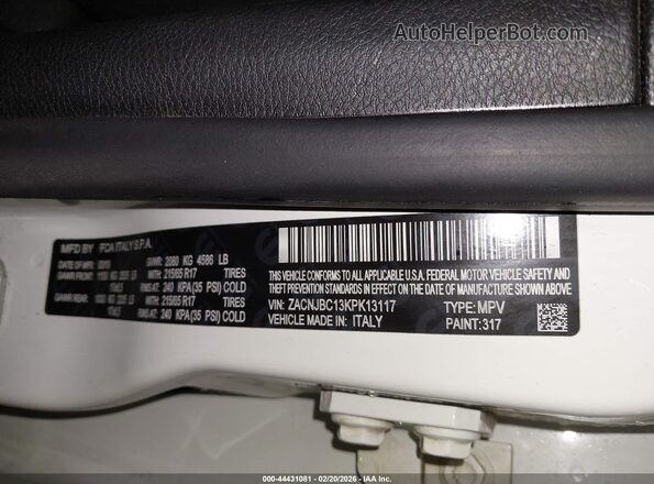 ZACNJBC13KPK13117 2019 JEEP RENEGADE White Vista del compartimento del motor