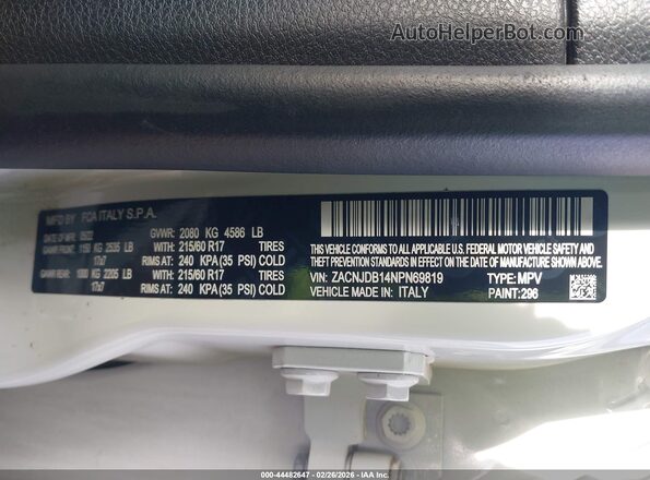 ZACNJDB14NPN69819 2022 JEEP RENEGADE Белый Вид подкапотного пространства