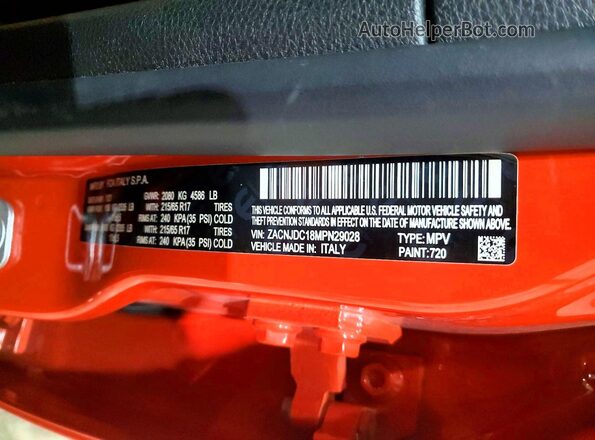 ZACNJDC18MPN29028 2021 JEEP RENEGADE Orange VIN კოდის სტიკერის ხედი