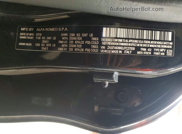 ZASFAKNN2J7C27939 2018 ALFA ROMEO STELVIO Черный Вид наклейки с VIN-кодом