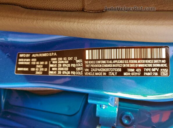 ZASPAKBN3R7D75358 2024 ALFA ROMEO STELVIO Синий Вид наклейки с VIN-кодом