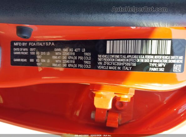 ZFBCFXCB9HP589766 2017 FIAT 500X Orange Вид підкапотного простору