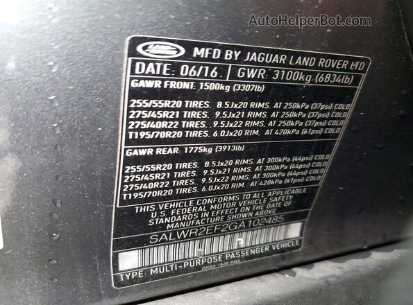 SALWR2EF2GA102485 2016 LAND ROVER RANGE Серый Панорамный вид салона 360°