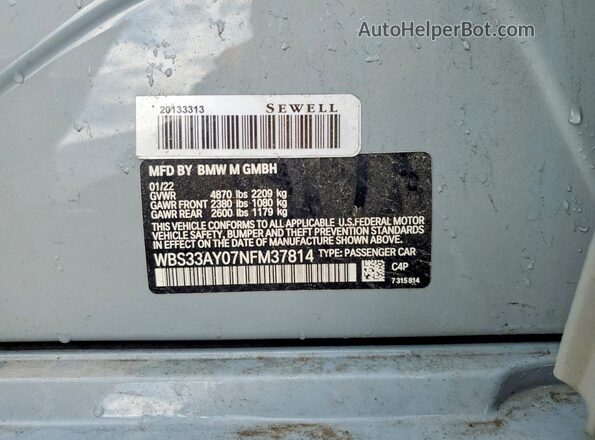 WBS33AY07NFM37814 2022 BMW M3 Gray VIN կոդի պիտակի տեսք