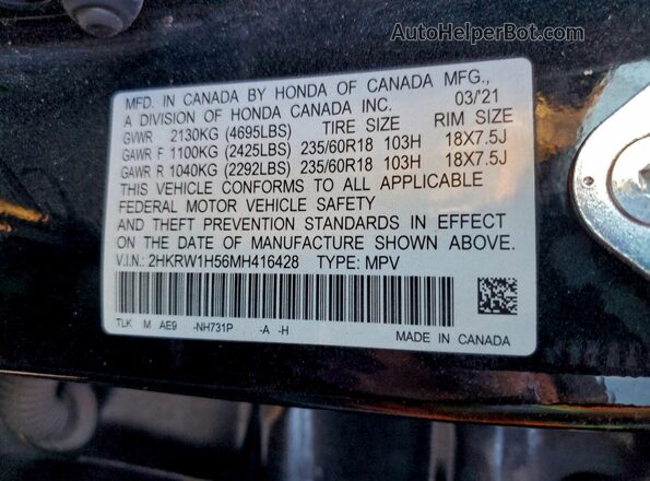 2HKRW1H56MH416428 2021 HONDA CRV Черный Панорамный вид салона 360°