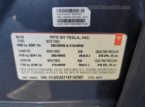 5YJXCAE21KF162987 2019 TESLA MODEL X Серый Панорамный вид салона 360°