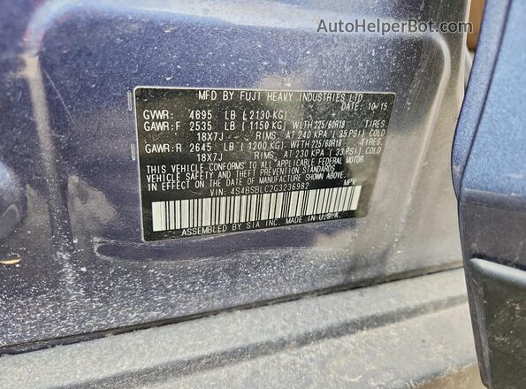 4S4BSBLC2G3236982 2016 SUBARU OUTBACK Синий Вид наклейки с VIN-кодом