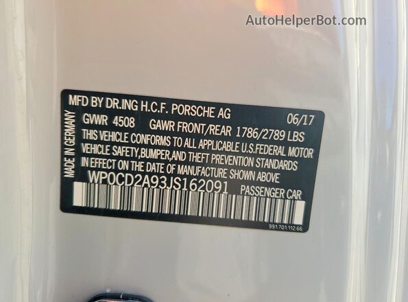WP0CD2A93JS162091 2018 PORSCHE 911 Gray Widok naklejki z numerem VIN