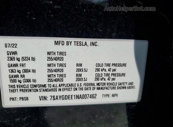 7SAYGDEE1NA007462 2022 TESLA MODEL Black Vista de la etiqueta del VIN
