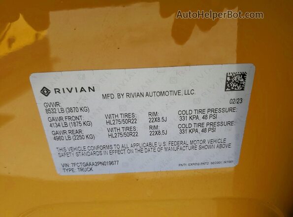 7FCTGAAA2PN019677 2023 RIVIAN RIT Желтый Вид наклейки с VIN-кодом