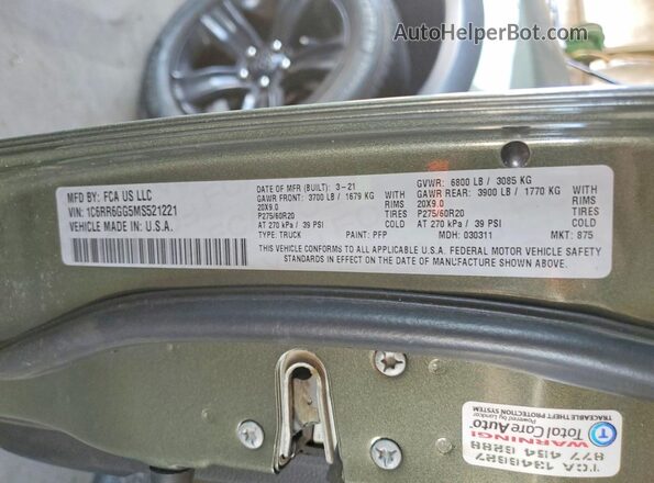 1C6RR6GG5MS521221 2021 RAM 1500 Зеленый Вид наклейки с VIN-кодом