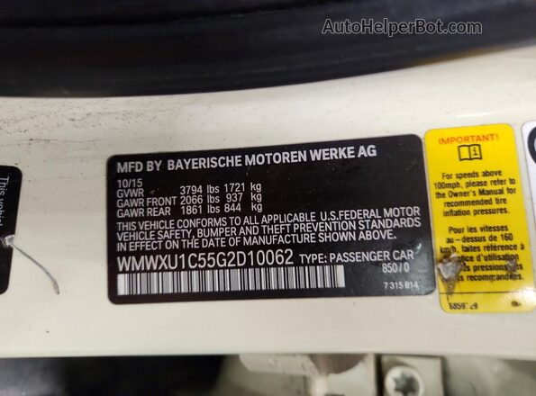 WMWXU1C55G2D10062 2016 MINI COOPER Белый Вид наклейки с VIN-кодом