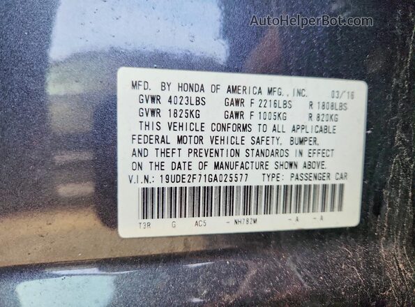 19UDE2F71GA025577 2016 ACURA ILX Угольный Вид наклейки с VIN-кодом