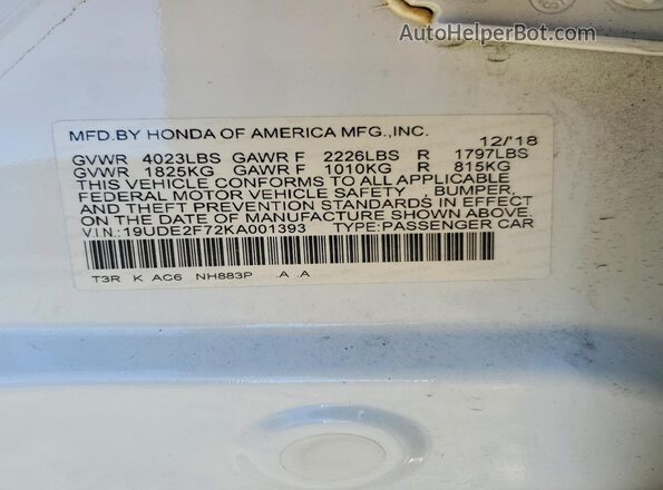 19UDE2F72KA001393 2019 ACURA ILX Белый Вид наклейки с VIN-кодом