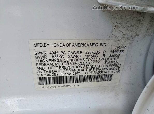 19UDE2F89KA010262 2019 ACURA ILX White Vista del compartimento del motor