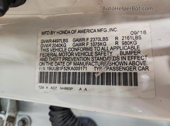 19UUB1F52KA005171 2019 ACURA TLX White Widok komory silnika