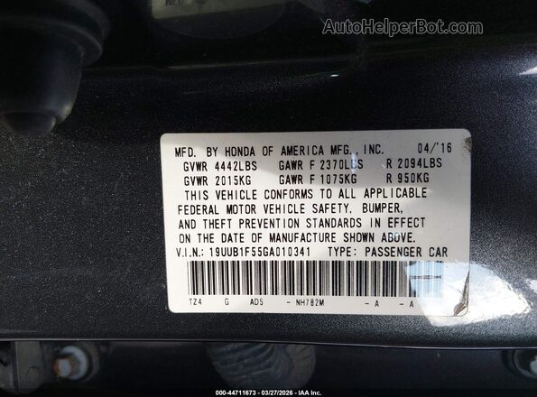 19UUB1F55GA010341 2016 ACURA TLX Gray Widok komory silnika