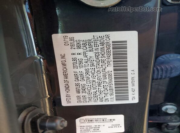 19UUB1F57KA009572 2019 ACURA TLX Черный Вид наклейки с VIN-кодом