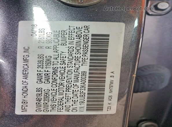 19UUB2F33KA000369 2019 ACURA TLX Серый Вид подкапотного пространства