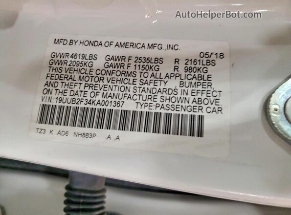 19UUB2F34KA001367 2019 ACURA TLX White ძრავის განყოფილების ხედი