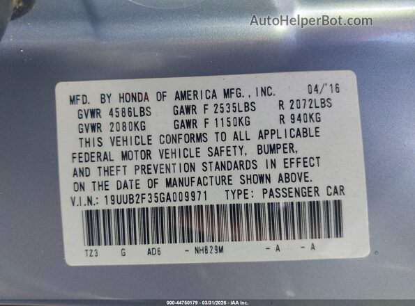 19UUB2F35GA009971 2016 ACURA TLX Серый Вид подкапотного пространства