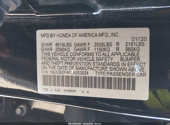 19UUB2F46LA003924 2020 ACURA TLX Black Vista del compartimento del motor