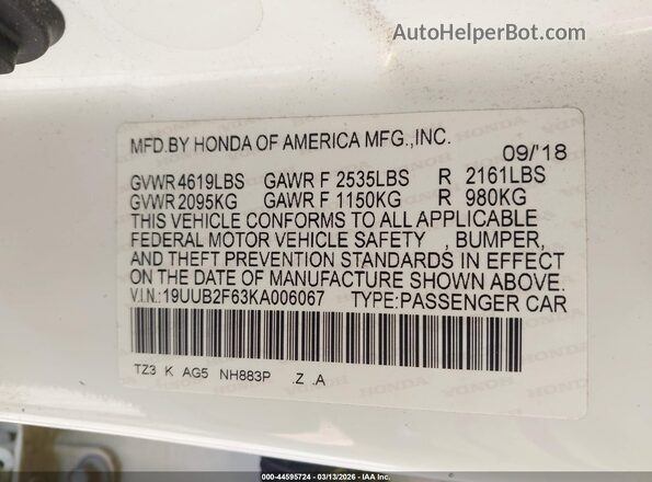 19UUB2F63KA006067 2019 ACURA TLX White Widok komory silnika